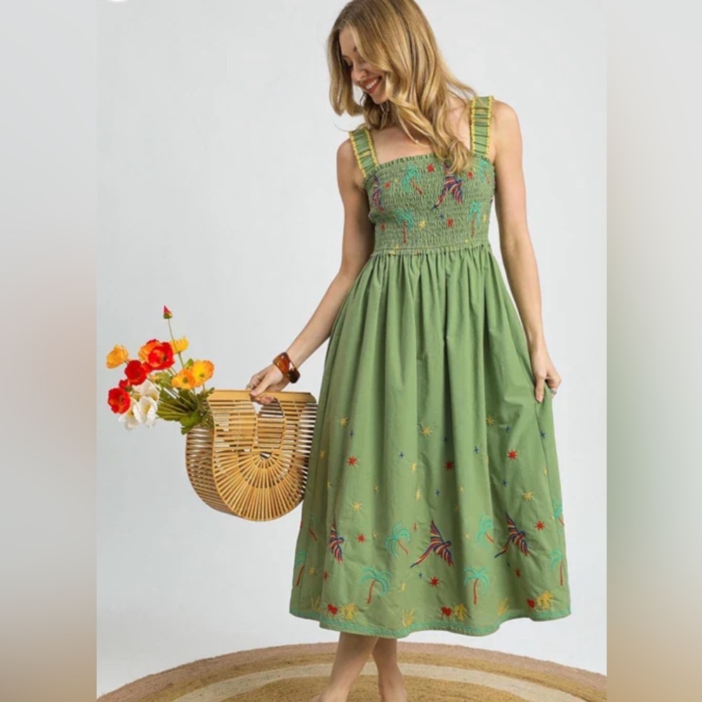 NWT Regal Rio Cotton Sage Green Smocked Sundress Embroidered Sz S - can fit M
